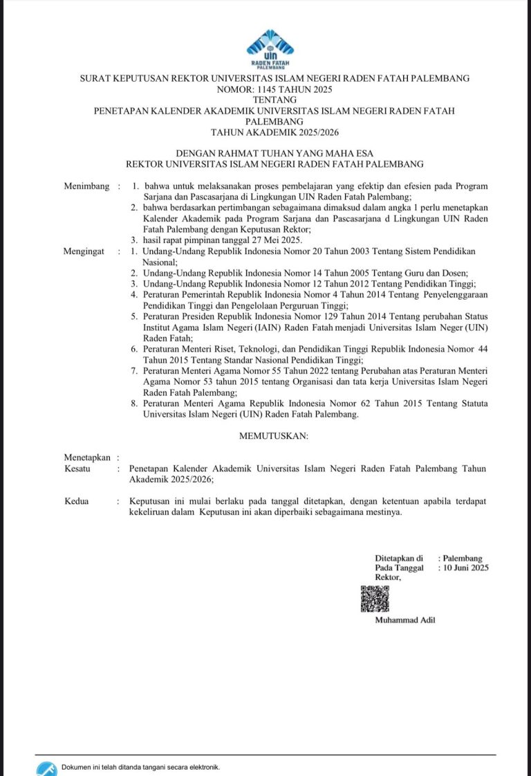 SK Penetapan Kalender Akademik UIN Raden Fatah Palembang Tahun Akademik 2025/2026
